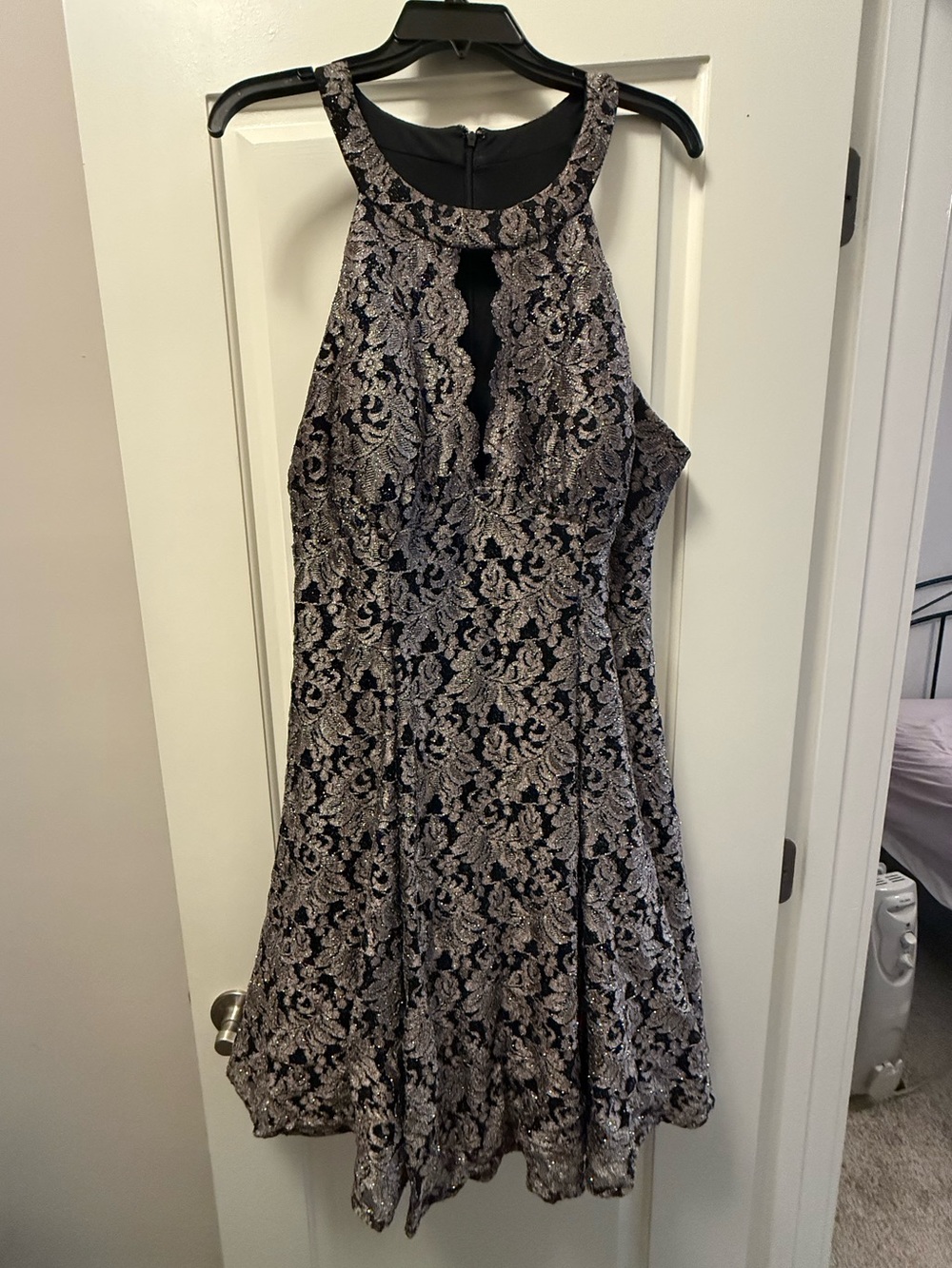 Black and Silver Lace Sparkle Fit-and-Flare Sleeveless Halter Cocktail Dress